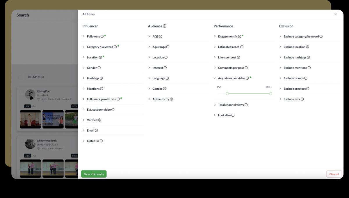 Screenshot of Heepsy's filter options.